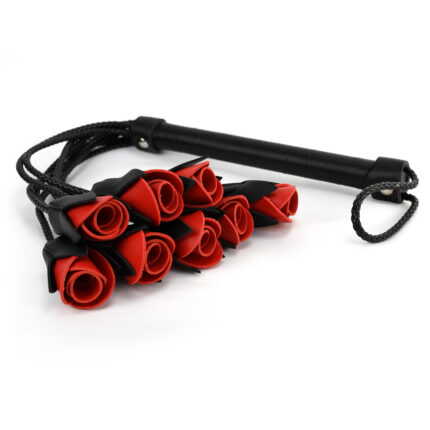 Black Braided Leather Rose Flogger with Red Rose Tips Premium Design Flogger